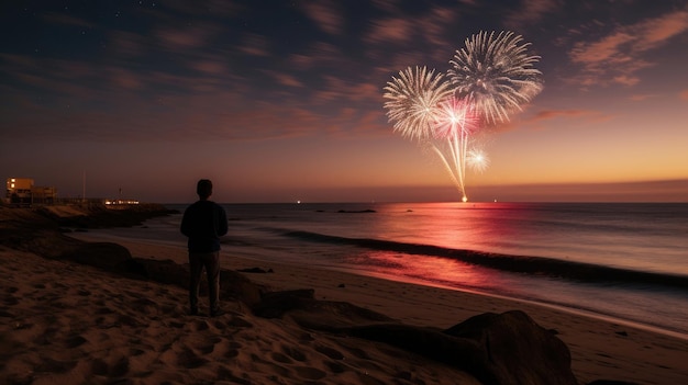 Een man kijkt naar vuurwerk op het strand bij zonsondergang.