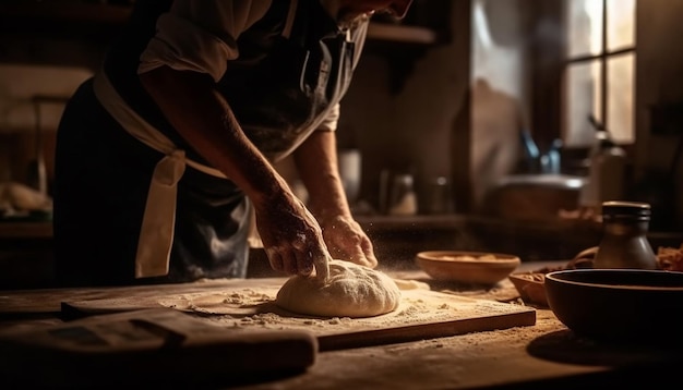 Een man kneedt deeg en bereidt zelfgebakken brood dat is gegenereerd door AI