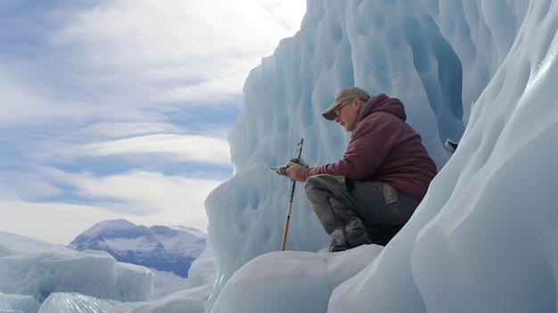 Foto een man knielt op een ijsvloer in antarctica en neemt metingen