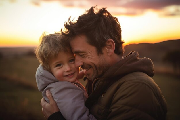 Een man knuffelt een kind bij zonsondergang. Papa brengt tijd door met zijn zoon