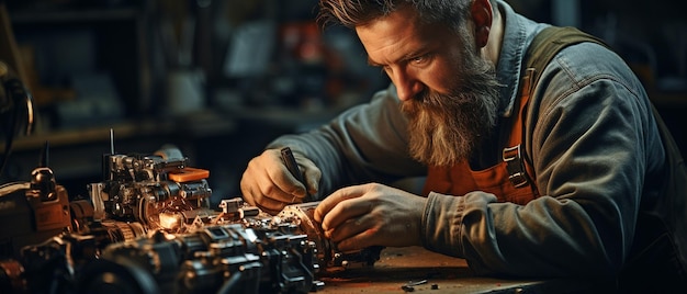 Foto een man knutselt aan en repareert machines