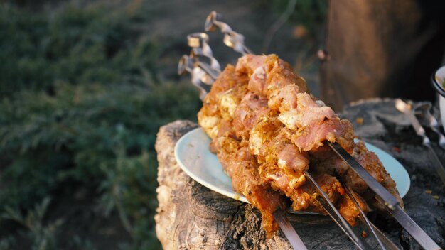 Een man kookt barbecue aan spiesjes op houtskoolgrill op straat Barbecue buiten Picknick in de natuur Aas stukjes vlees aan een spies