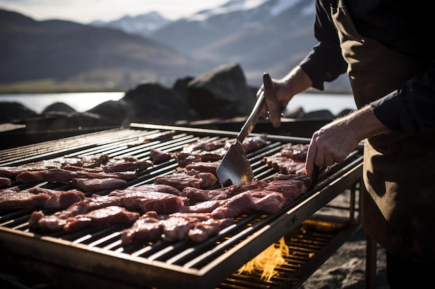 een man kookt vlees op een grill