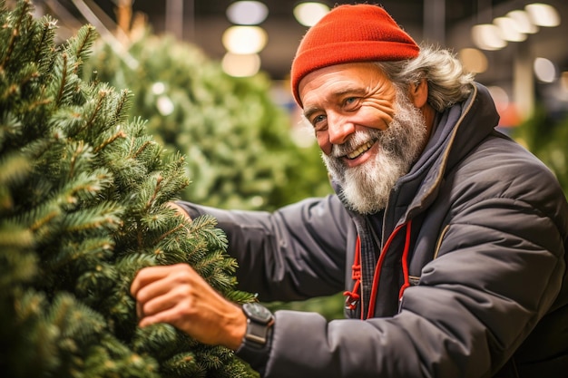 Foto een man koopt een kerstboom op de markt.