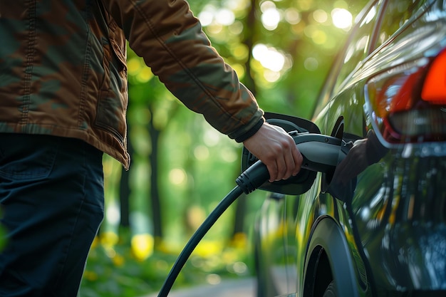 Een man laadt zijn elektrische auto op. Generatieve AI.