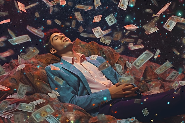 Een man ligt op een bank omringd door geld