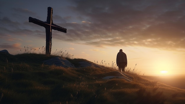 Een man loopt bij zonsondergang naar een kruis op een heuvel