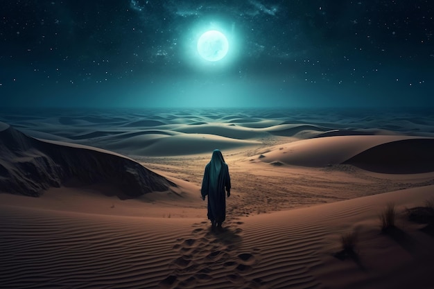 Een man loopt door de woestijn met de maan op de achtergrond