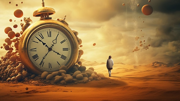 Een man loopt door de woestijn met een gigantische klok waarop 'tijd' staat