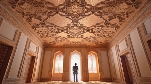 Een man loopt door een boog in een decoratief en prachtig ontworpen gebouw