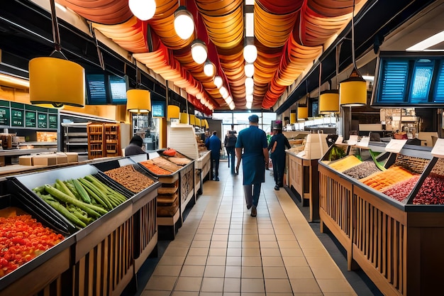 Een man loopt door een lang gangpad op een vismarkt.