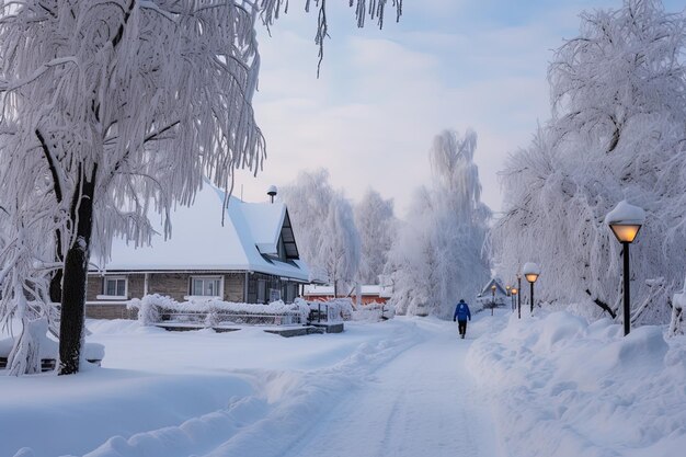 Een man loopt door een met sneeuw bedekte straat.