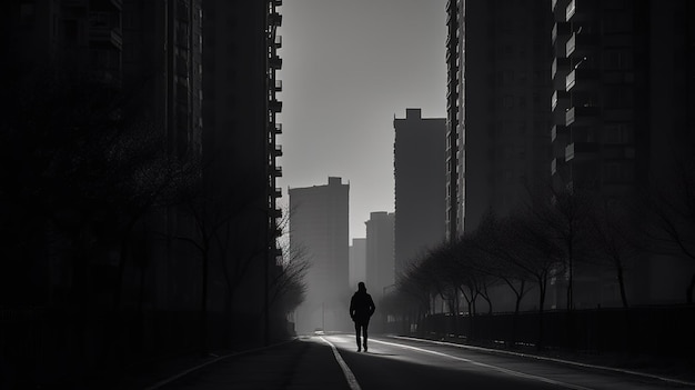 Een man loopt door een straat in een donkere stad.