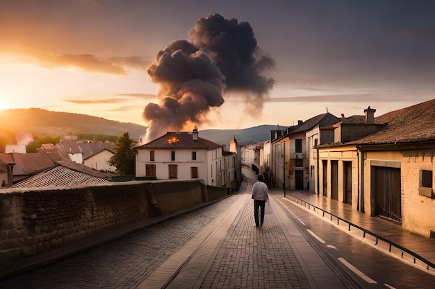 Een man loopt door een straat in een stad met een rookpluim op de achtergrond.