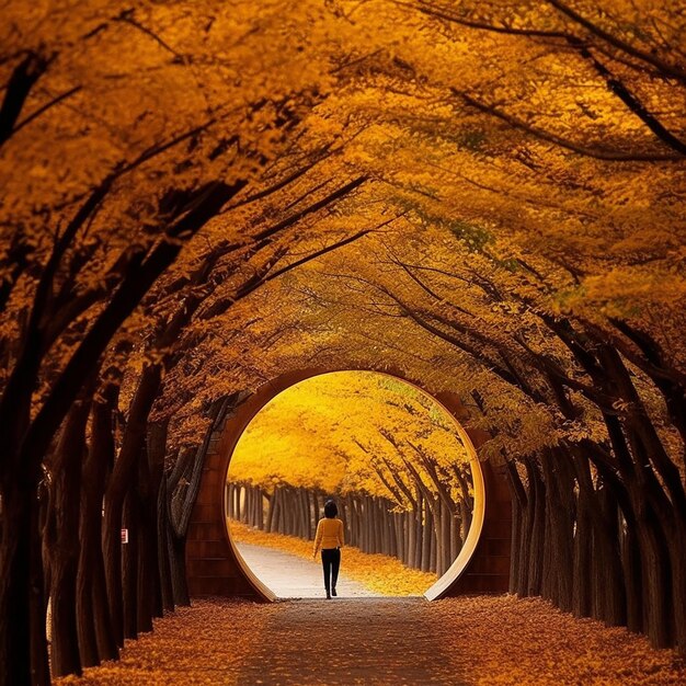 Een man loopt door een tunnel van bomen met het woord liefde erop