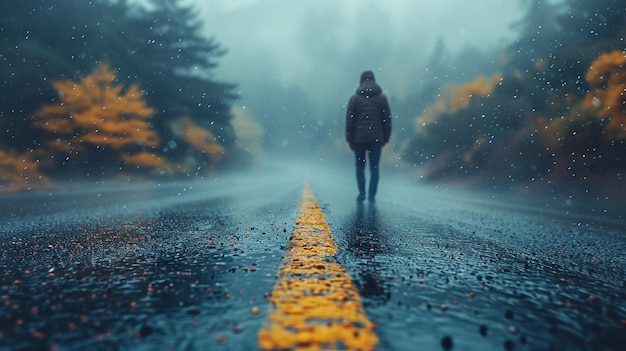 Een man loopt door een weg in de regen.