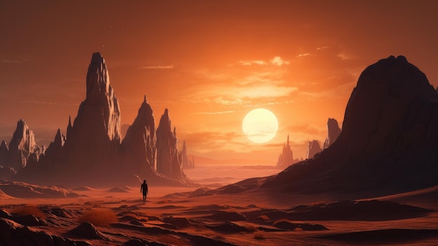 Een man loopt door een woestijn met de ondergaande zon achter zich.