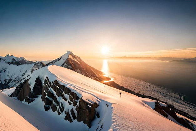 Een man loopt een besneeuwde berg af met een berg op de achtergrond