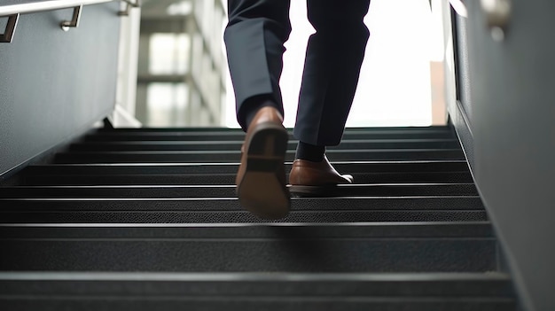 Een man loopt een trap op met zijn voet op de trap.