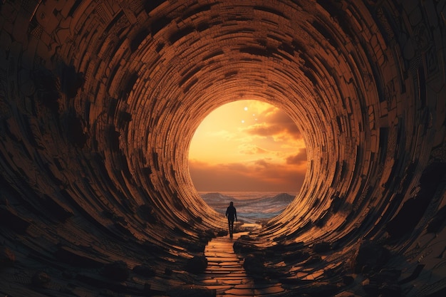 Een man loopt een tunnel in waar de zon doorheen schijnt.