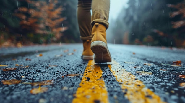 een man loopt een weg af met zijn voeten op de weg