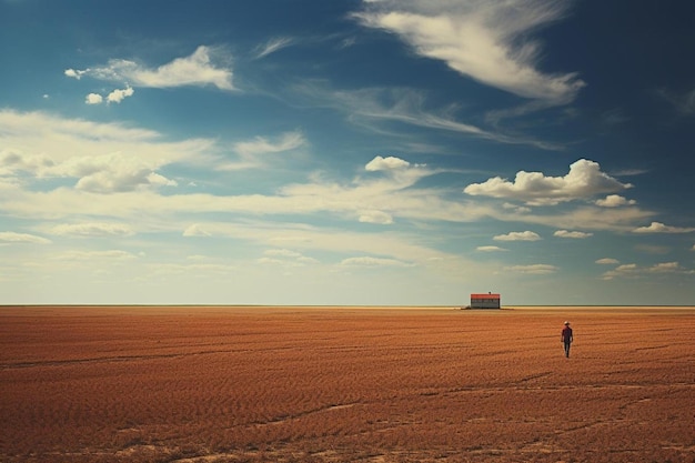 Een man loopt in een veld met een huis op de achtergrond.