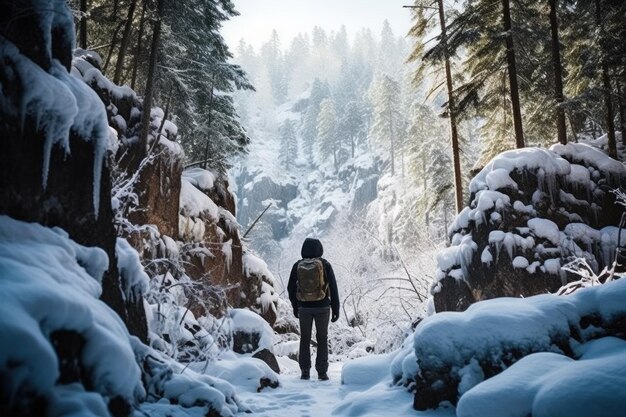 Foto een man loopt in het winterwoud in de natuur uitzicht van de achterkant