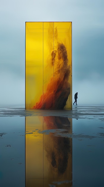 Foto een man loopt langs een grote glazen kubus met op de bodem de woorden 