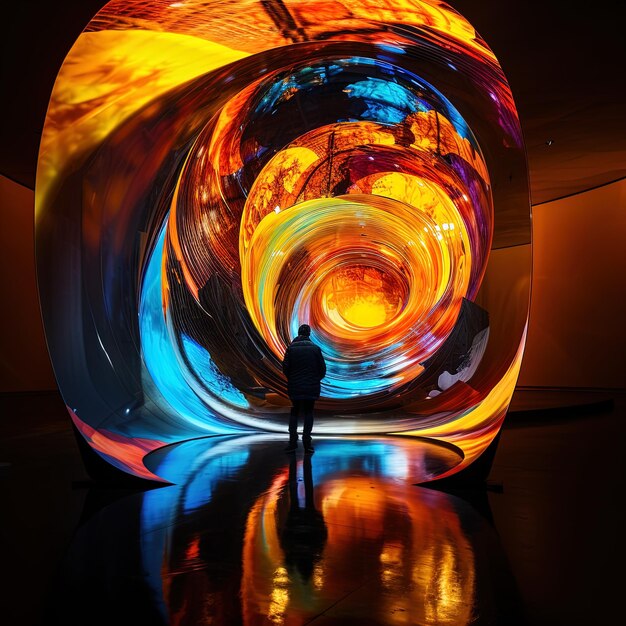 een man loopt langs een kleurrijke bol die op een tafel staat