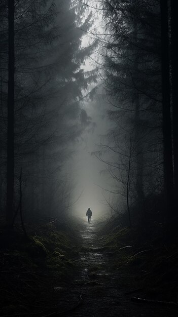 Foto een man loopt langs een weg in een bos in mist, van ver gezien