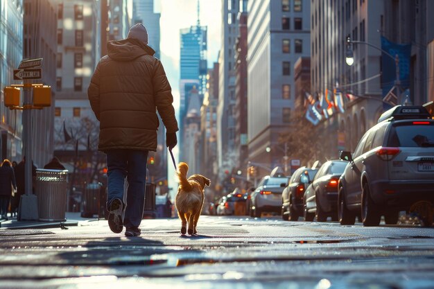 Een man loopt met zijn hond door een stadsstraat.