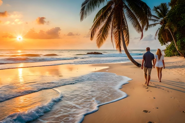 Een man loopt op een strand met een palmboom op de achtergrond