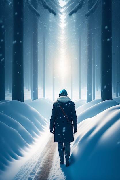 Een man loopt over een besneeuwde weg in een winterbos.