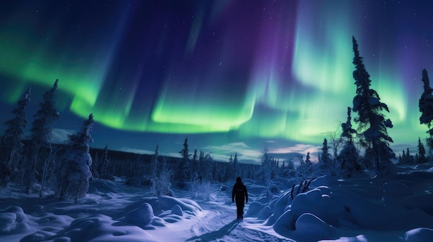 een man loopt over een besneeuwde weg voor een groene aurora.