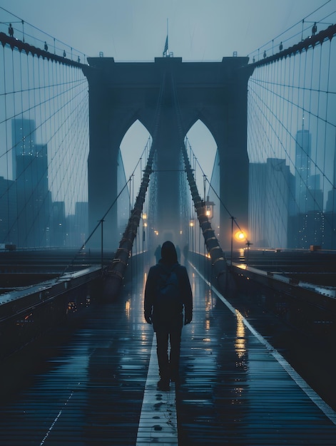 Een man loopt over een brug in de regen.