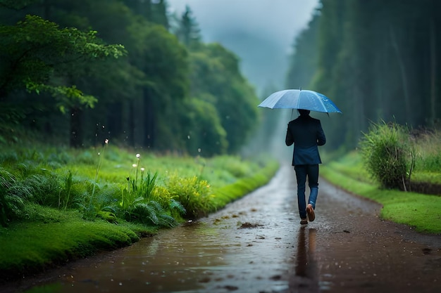 Een man loopt over een weg met een paraplu in de regen.