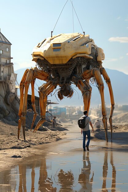 Een man loopt voor een gigantische robot die een rugzak heeft.