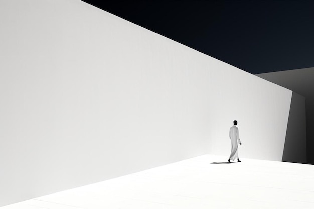 een man loopt voor een witte muur waarop "het woord" staat.