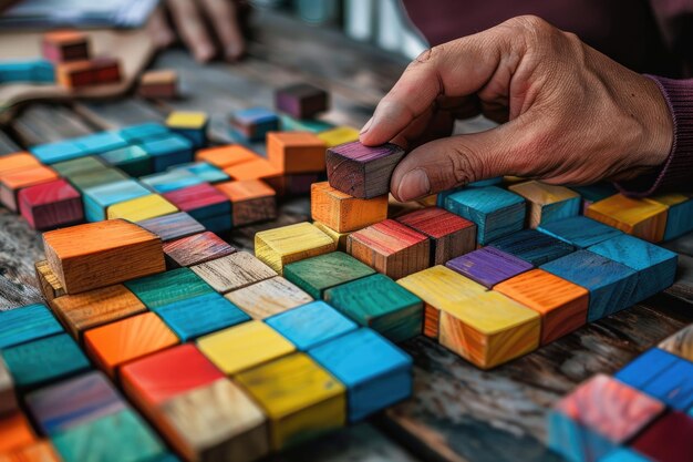 Een man maakt een puzzel van kleurrijke houten kubussen