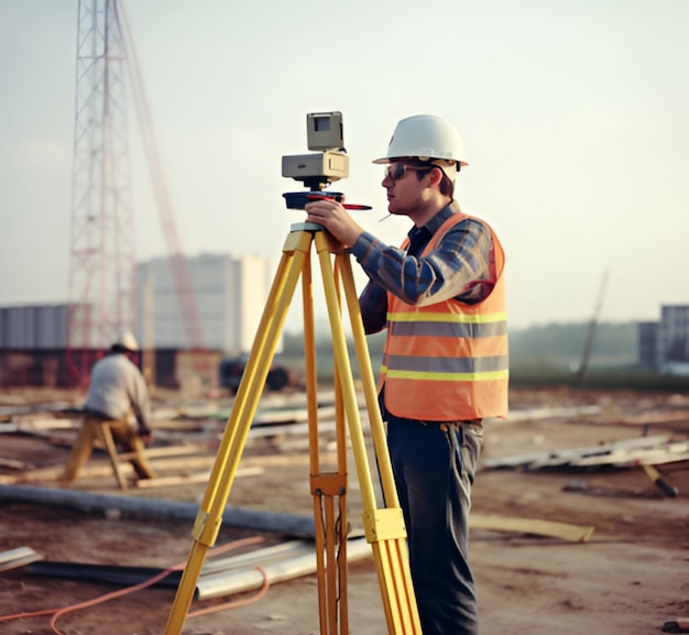 Een man maakt met een camera een foto van een bouwplaats