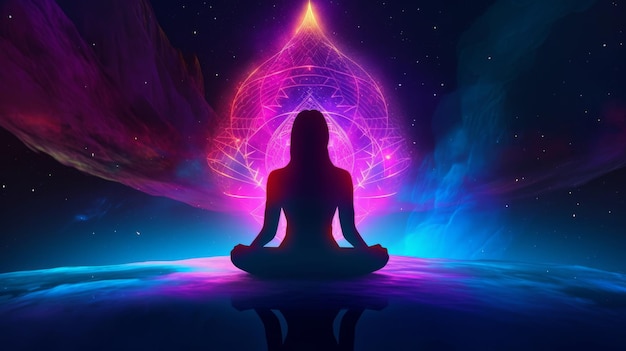 Een man mediteert in muziekmeditatie neonlicht beeld generatieve AI