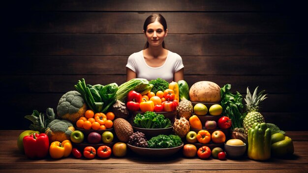 Een man mediteert met groenten en fruit Generatieve AI Voedsel