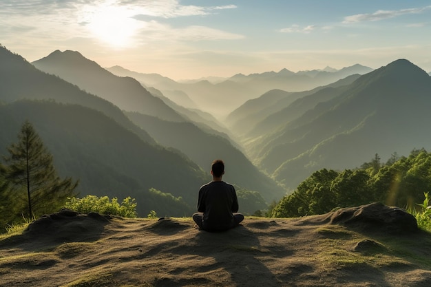 Een man mediteert op een klif met de ondergaande zon achter hem