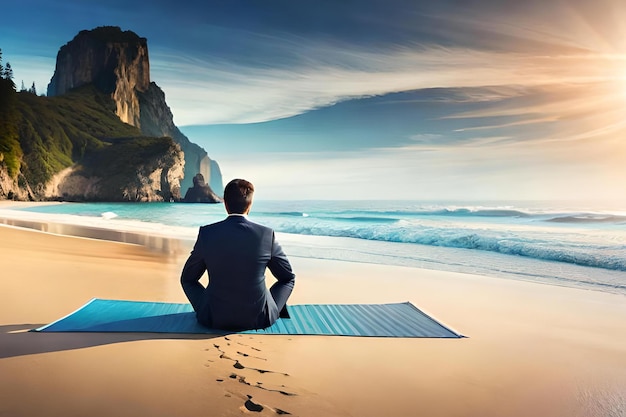Een man mediteert op het strand terwijl de zon op hem schijnt