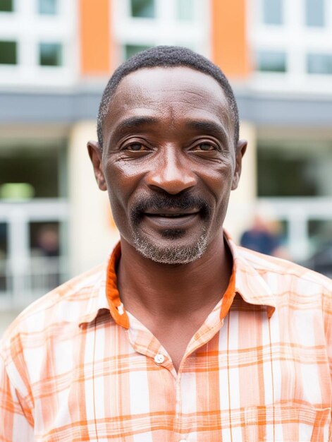 Foto een man met baard en snor glimlacht.