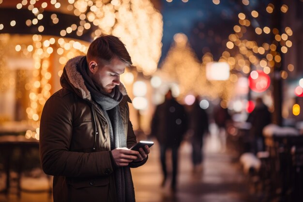 Een man met behulp van een smartphone in de stad winter achtergrond licht bokeh lege ruimte generatieve AI