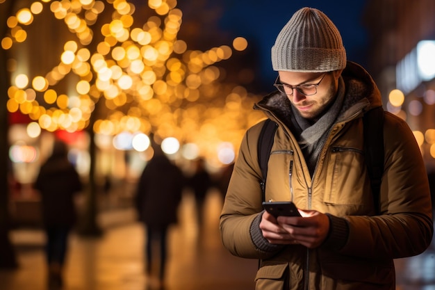 Een man met behulp van een smartphone in de stad winter achtergrond licht bokeh lege ruimte generatieve AI