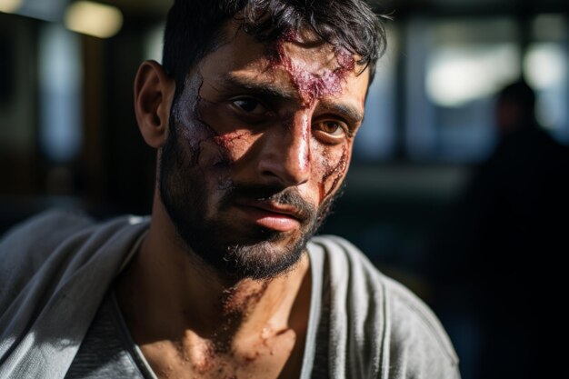 Foto een man met bloed op zijn gezicht in een donkere kamer