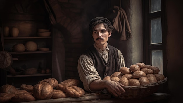 Een man met brood en broodjes voor een bakkerij Generatieve AI AIG21