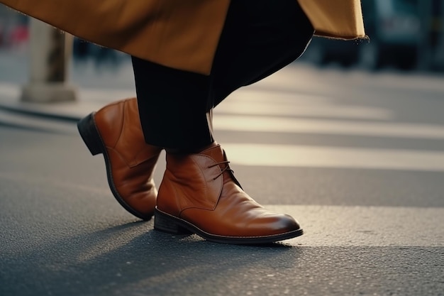 Een man met bruine leren schoenen loopt door een straat.